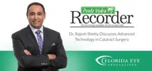 Dr. Shetty smiles. Text on image reads "Dr. Rajesh Shetty Discusses Advanced Technology in Cataract Surgery"