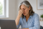 Older adult using a laptop while gently rubbing tired, dry eyes in a bright home office, illustrating digital eye strain and dry eye symptoms.