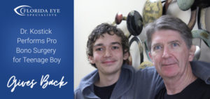 Dr. Kostick poses with a teenager. Text reads "Dr. Kostick Performs Pro Bono Surgery for Teenage Boy"