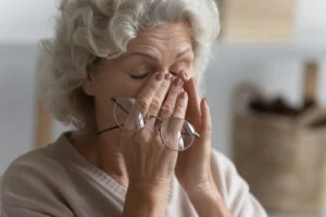 An older woman holds her glasses and rubs her nose and eyes in discomfort, while she deals with vision problems caused by dry eye