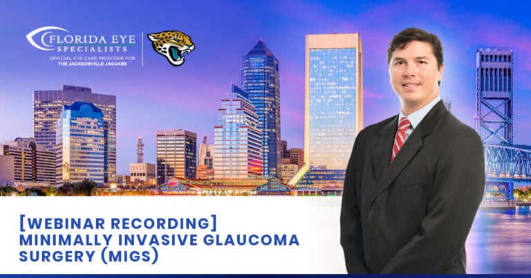 Dr. Koike smiles against a Jacksonville skyline backdrop. Text on image reads "Webinar Recording - Minimally Invasive Glaucoma Surgery"