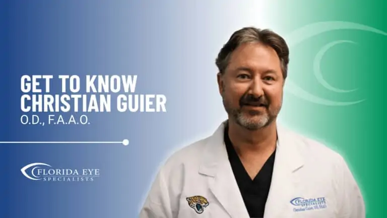 Dr. Christian Guier smiles. Text reads: "Get to Know Christian Guier O.D., F.A.A.O.