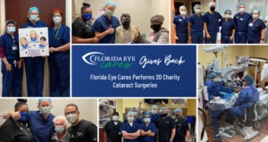 A collage of various images of surgeons posing and performing surgery at Florida Eye Cares. There is a logo in the center of the collage