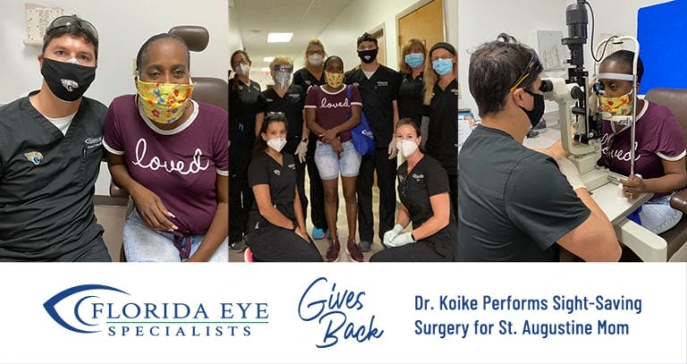 Three photos of Sparrow, Dr. Koike and other medical team members during an eye exam. A graphic is featured below the images with the logo and caption