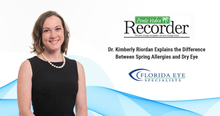Dr. Kimberly Riordan smiles. Text on image reads "Explains the Difference Between Spring Allergies and Dry Eye" for Ponte Vedra Recorder