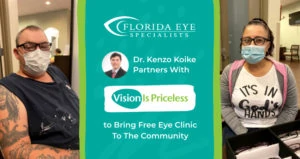 Two patients with masks pose in between a graphic featuring Florida Eye Specialists' Dr. Kenzo Koike, who partners with Vision is Priceless