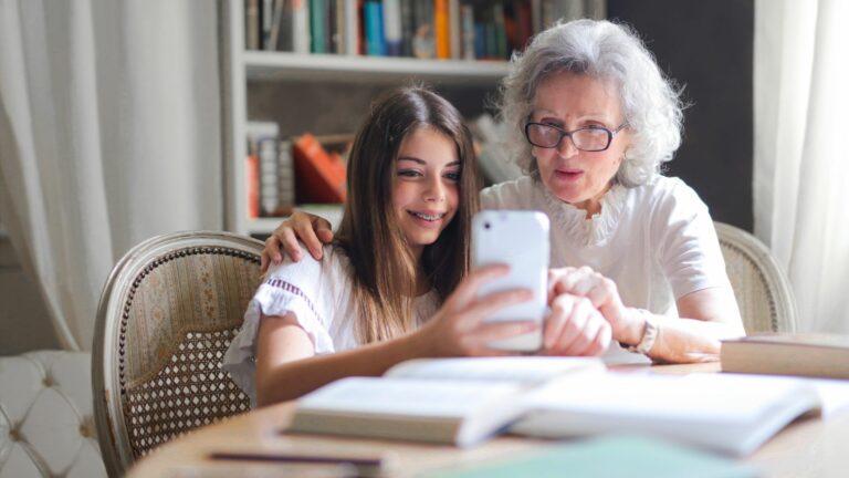 woman and child on a phone