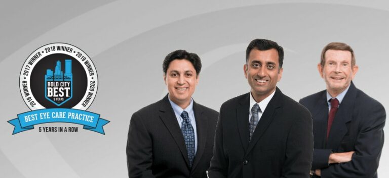 Three doctors pose together with Bold City Best graphic to left reading "Best Eye Care Practice, 5 Years in a Row"