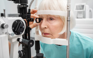 A senior woman has her eyes examined