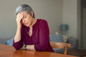 A senior woman holds her head in discomfort