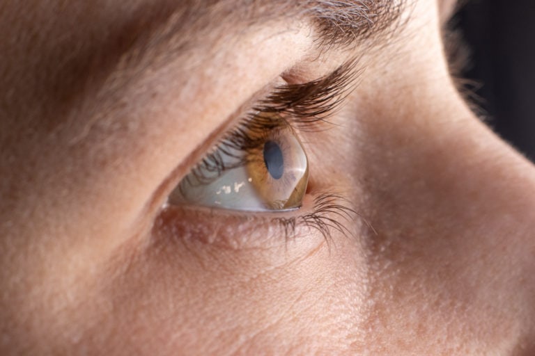 A close-up of brown eyes looking away from the camera